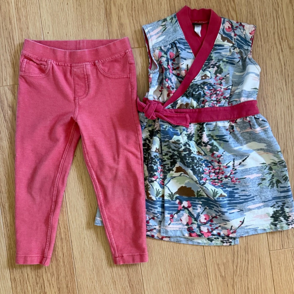 Tea Collection Tunic Legging Set sz4 Pink Blue Cherry Blossom Set PLAY CONDITION